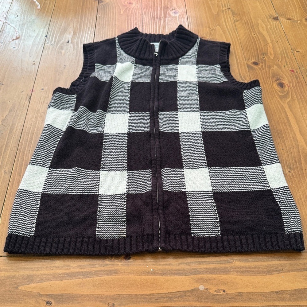 Liz Claiborne Womens Purple Plaid Full Zip Knit Sweater Vest Mock Neck Large